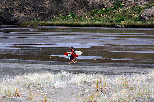 Surfers at Bethells Beach photo